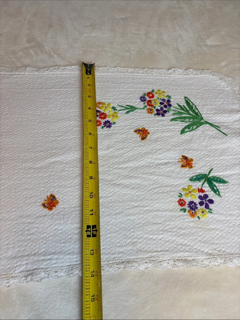 Vintage Hand-Embroidered Floral Linen Runner with Lace Trim w/Butterflies Sweet!